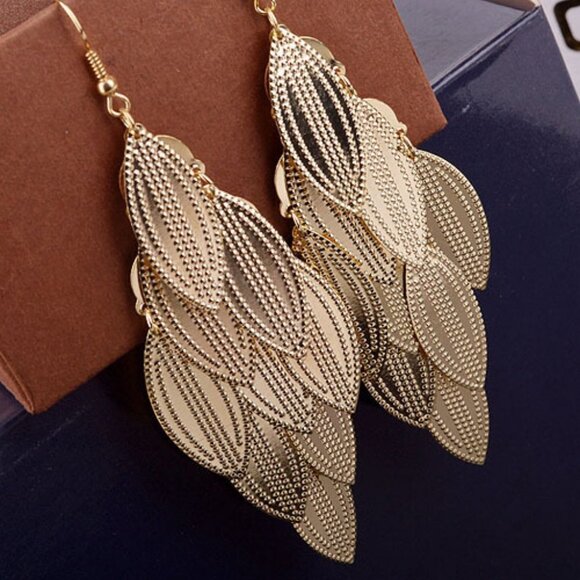 Gold Texture Multi-Layered Leaf Earrings - Picture 1 of 3
